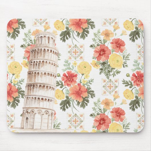 Schiefer Turm Gelbe Orangefarbene Blumen Mousepad (Vorne)