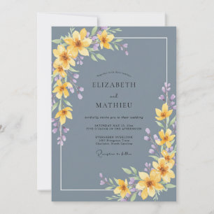 Schieferblaue Aquarell-Blumenhochzeit Einladung