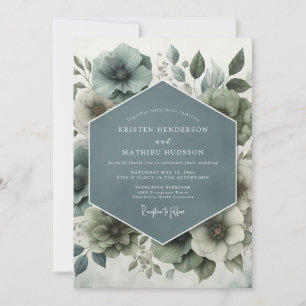 Schieferblaue Aquarell-Blüten-Hochzeit Einladung