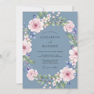 Schieferblaue Blumen-Girlande Hochzeit Einladung