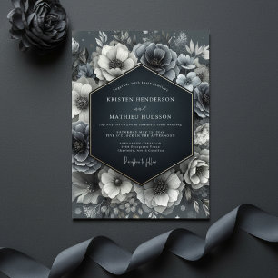 Schieferblaue Blütenhochzeit Einladung