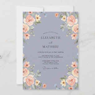 Schieferblaue Blütenromanze Hochzeit Einladung