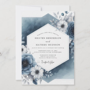 Schieferblaue botanische elegante Hochzeit Einladung