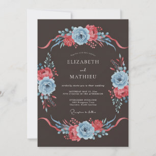 Schieferblaue dramatische Blumenhochzeit Einladung