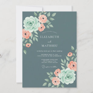 Schieferblaue elegante Rosenhochzeit Einladung