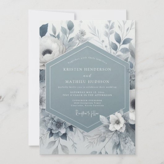Schieferblaue Florale Hochzeit Einladung (Vorderseite)