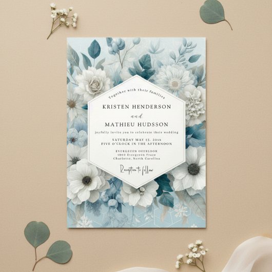 Schieferblaue Florale Hochzeit Einladung