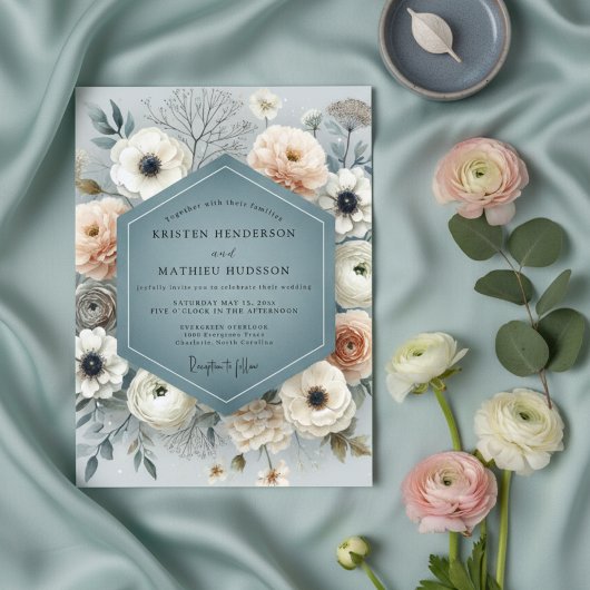 Schieferblaue florale Hochzeit Einladung