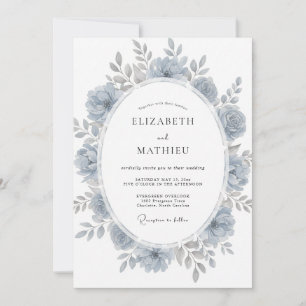 Schieferblaue Florale Wasserfarben-Hochzeit Einladung