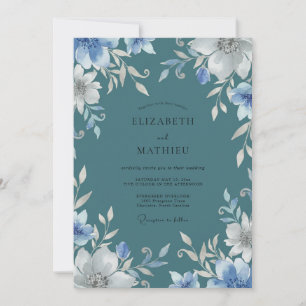 Schieferblaue Immergrün-Blüten-Hochzeit Einladung