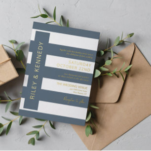 Schieferblaue moderne Streifen-Typografie-Hochzeit Folieneinladung