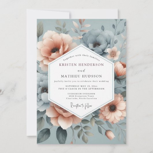 Schieferblaue neblige Floral-Hochzeit Einladung (Vorderseite)