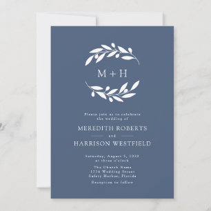 Schieferblaue Olivenzweig-Monogramm-Kranz-Hochzeit Einladung
