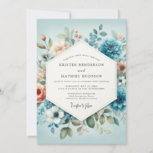 Schieferblaue Pfirsich-Aquarell-Hochzeit Einladung