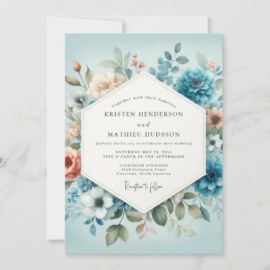 Schieferblaue Pfirsich-Aquarell-Hochzeit Einladung (Vorderseite)