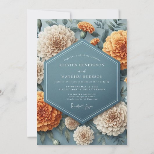 Schieferblaue Ringelblumen-Hochzeit Einladung (Vorderseite)