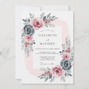 Schieferblaue Romantische Rosenhochzeit Einladung
