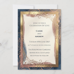 Schieferblaue Rosen-Gold-Art-Nouveau-Hochzeit Einladung