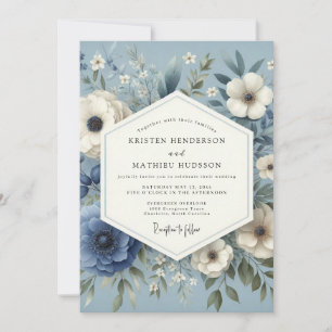 Schieferblaue ruhige Flora-Hochzeit Einladung