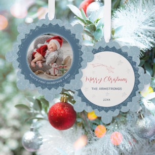 Schieferblaue Schneeklocken-Baby-Erstweihnachten-F Ornament Karte