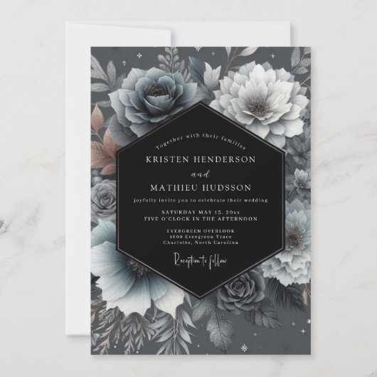 Schieferblaue träumerische Blumenhochzeit Einladung (Vorderseite)