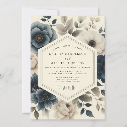 Schieferblaue Vintage-Flora-Hochzeit Einladung (Vorderseite)