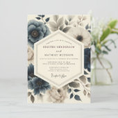 Schieferblaue Vintage-Flora-Hochzeit Einladung (Stehend Vorderseite)