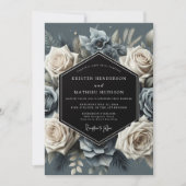 Schieferblauer Blütenprunk Hochzeit Einladung (Vorderseite)