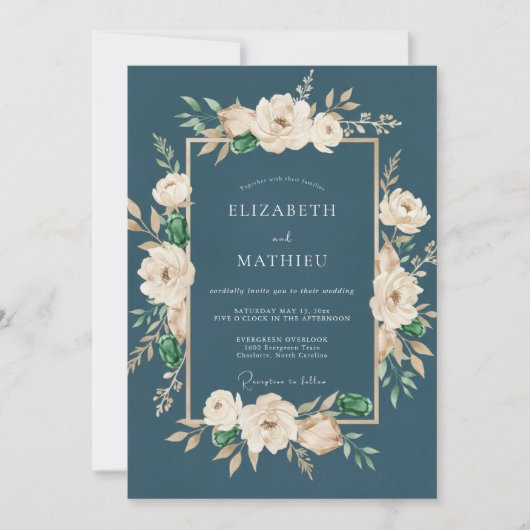 Schiefercreme-Ranunculus-Eukalyptus-Hochzeit Einladung (Vorderseite)