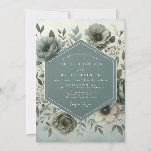 Schieferfarbene Botanische Hochzeit Einladung (Vorderseite)
