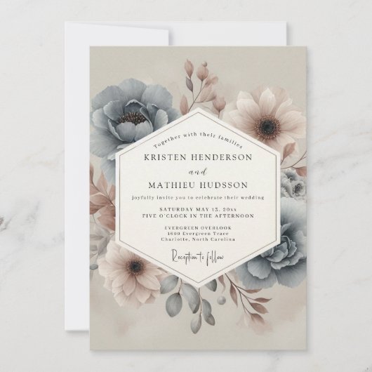 Schieferfarbene verträumte Floral-Hochzeit Einladung (Vorderseite)