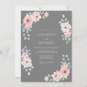 Schiefergraue elegante Rosenhochzeit Einladung