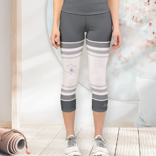 Schiefergraue Elfenbein-Blumen Linienkunst Athleti Capri Leggings