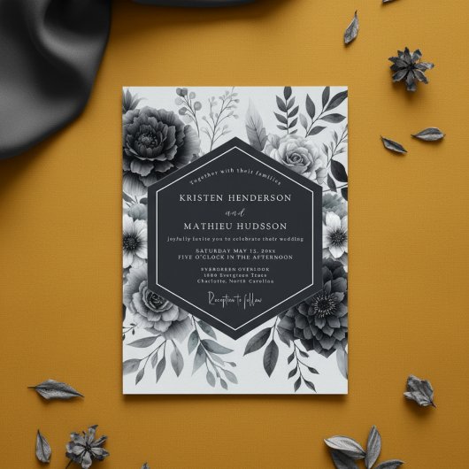 Schiefergraue launische Floral-Hochzeit Einladung