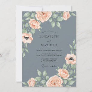 Schiefergraue Pfirsich-Aquarell-Blumenhochzeit Einladung