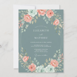 Schiefergrüne elegante botanische Hochzeit Einladung