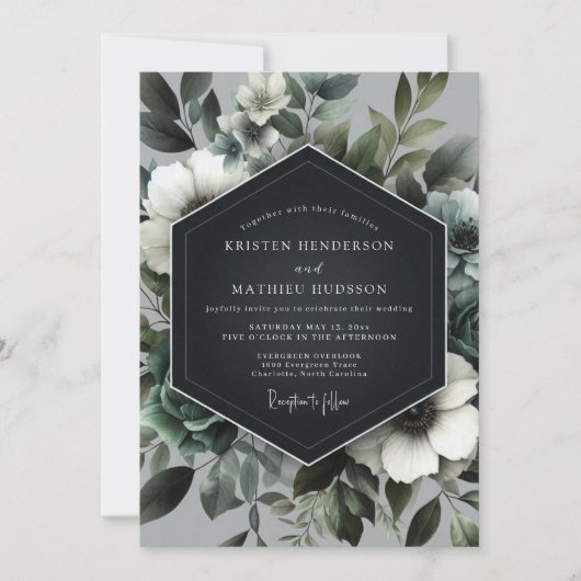 Schiefergrüne florale Hochzeit Einladung (Vorderseite)
