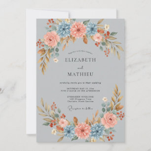Schieferpfirsich-Zinnien-Eukalyptus-Hochzeit Einladung