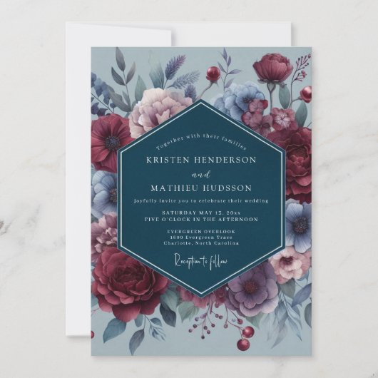 Schieferrote düstere Flora-Hochzeit Einladung (Vorderseite)