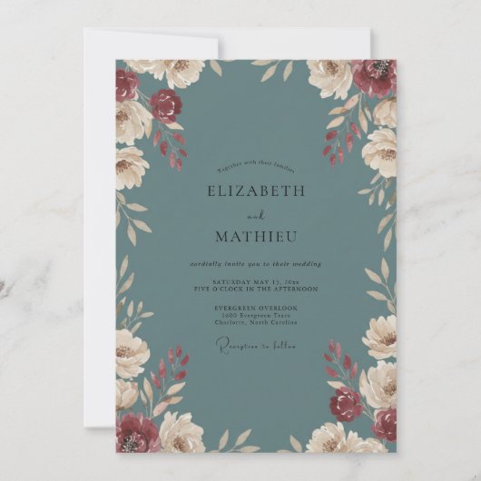 Schieferrote Hochzeit mit Blüten Einladung (Vorderseite)