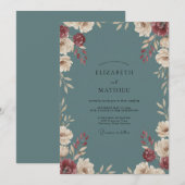 Schieferrote Hochzeit mit Blüten Einladung (Vorne/Hinten)