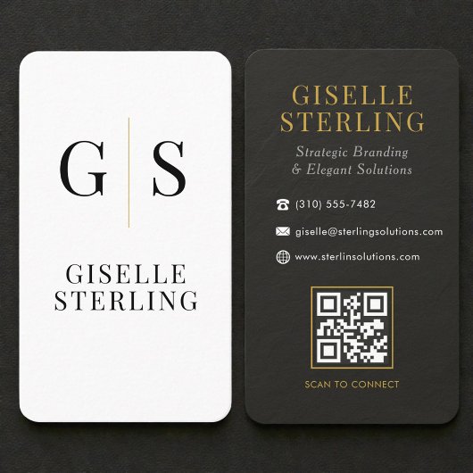 Schieferstein Schwarz Weiß Gold Monogramm QR-Code Visitenkarte