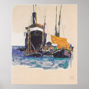 Schiele - Dampfer und Segelboote, Hafen von Triest Poster
