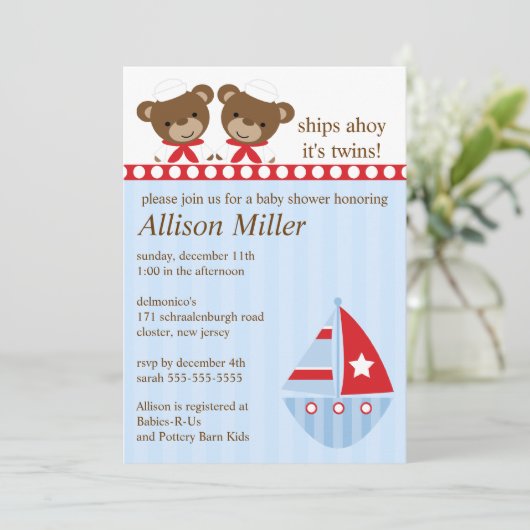 Schiff Ahoy Es ist TWIN's Babydusche Einladung (Stehend Vorderseite)