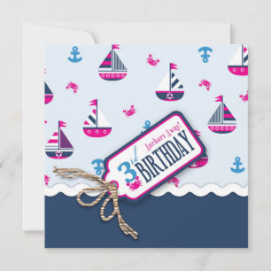 Schiff Ahoy! Girl Birthday Invite Square 3 Einladung