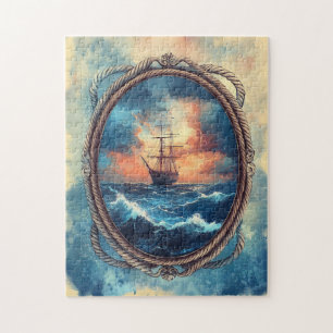 Schiff auf der Stormy Sea Rope Border Art Puzzle