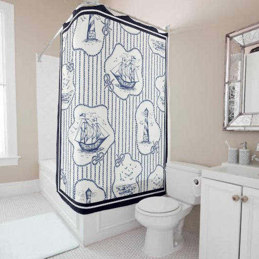 Schiff Elements Blue White Lighthouse Ship Duschvorhang (Beispiel)