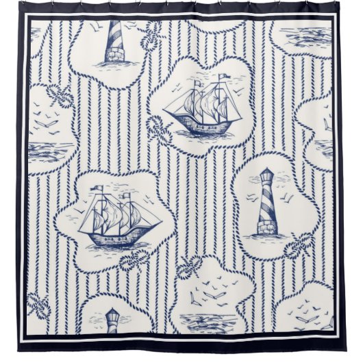 Schiff Elements Blue White Lighthouse Ship Duschvorhang (Vorderseite)