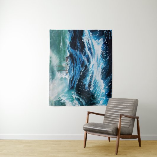 Schiff im Meer in Sturm, nautisch, Marine blau Wandteppich (Beispiel)