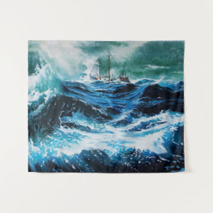 Schiff im Meer in Sturm, nautisch, Marine blau Wandteppich
